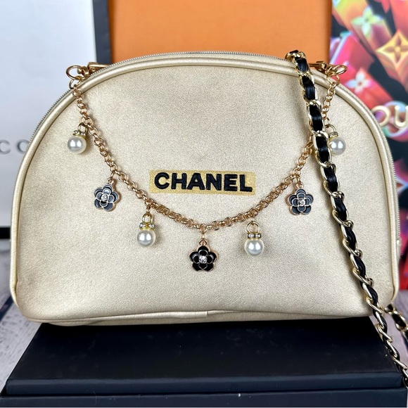 CHANEL Handbags - CHANEL gold metallic crossbody pouch CUSTOM with chain and bag charm